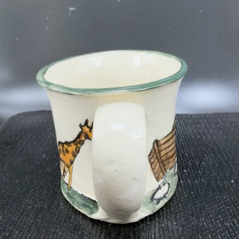 G Miller Signed Handcraft Art Pottery Double Handle Cup Mug Elephant Giraffe VTG